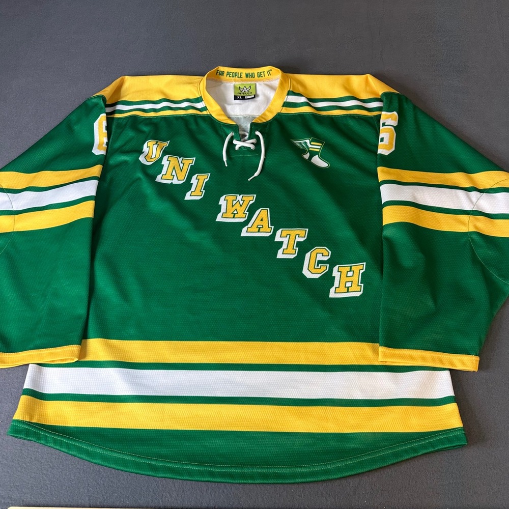 Adelph Wear Uni Watch Hockey Jersey Mens XL Green Yellow Howland 6 Lace Up Neck